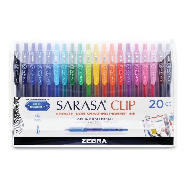 Zebra Pen Sarasa Clip Gel Pen, Retractable, Fine 0.5 mm, Assorted Ink and Barrel Colors, PK20, 20PK 47220